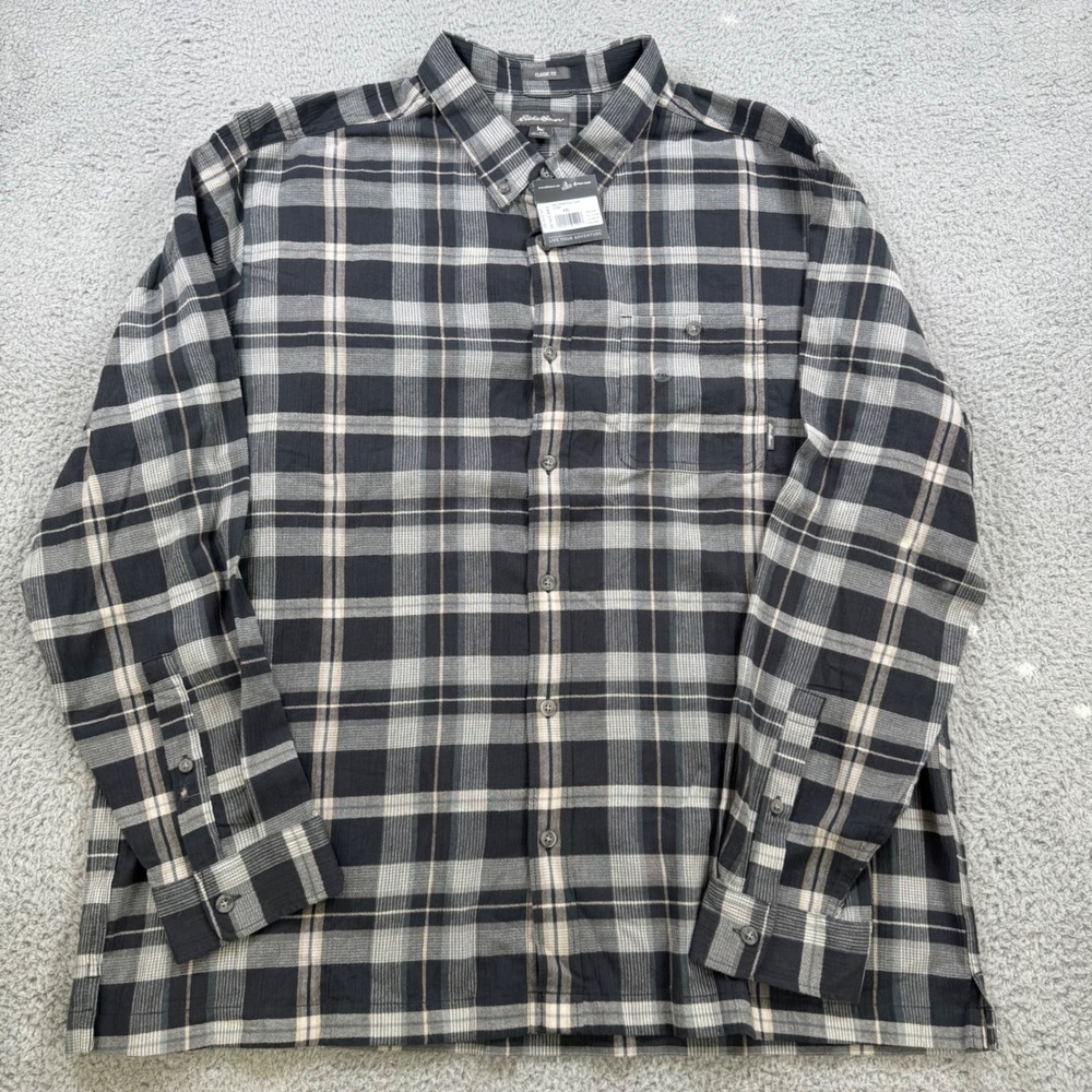 Eddie Bauer Breezeway Plaid Shirt Mens 2XL Storm Black Grey Cotton‎ NEW